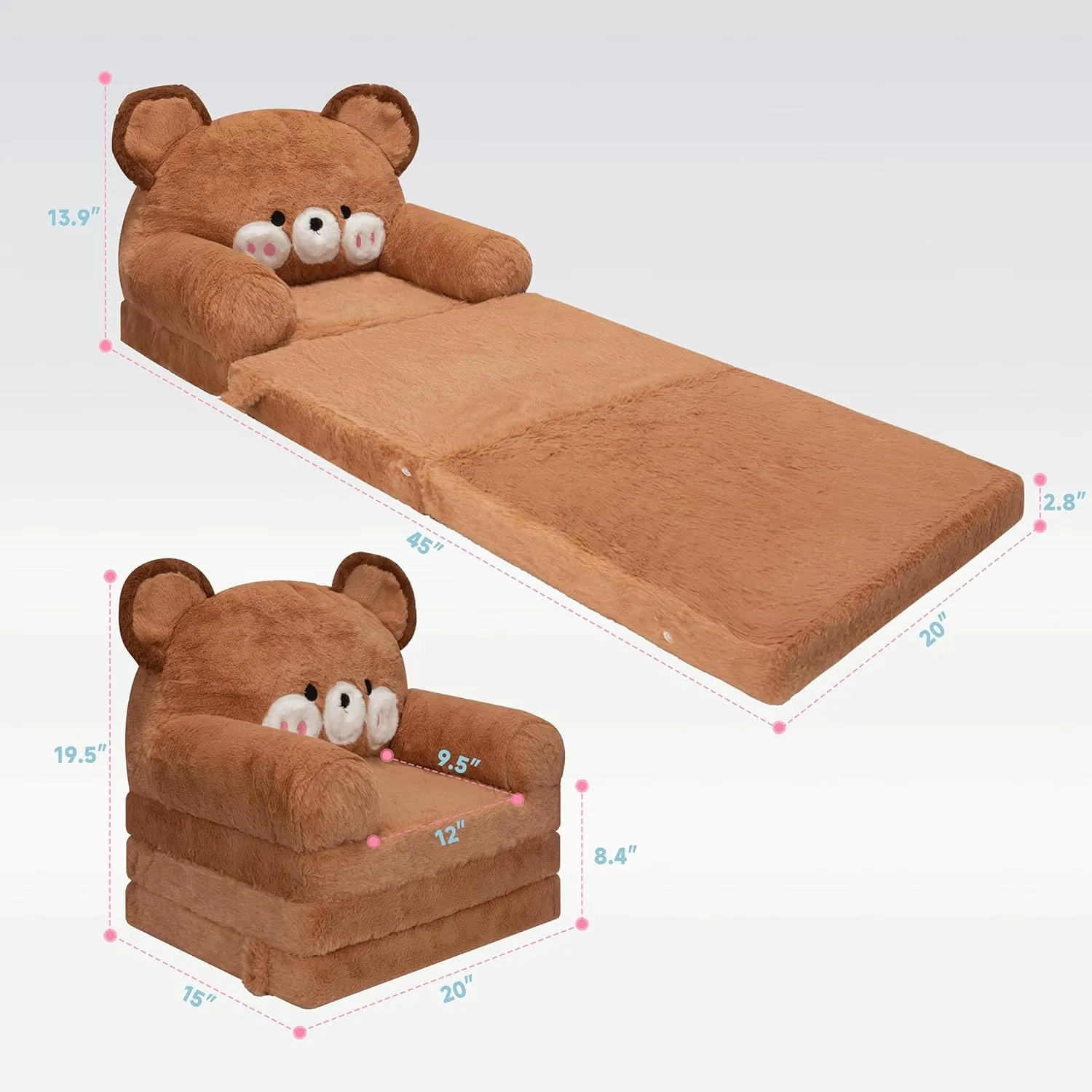 MONKISS Kids Couch, Comfy Toddler Chair, 2 in 1 Fold Out Kids Sofa to Lounger, Baby Sleeper Chair, Toddler Furniture, Birthday Gifts for Boys and Girls, 18  Months, Bear
