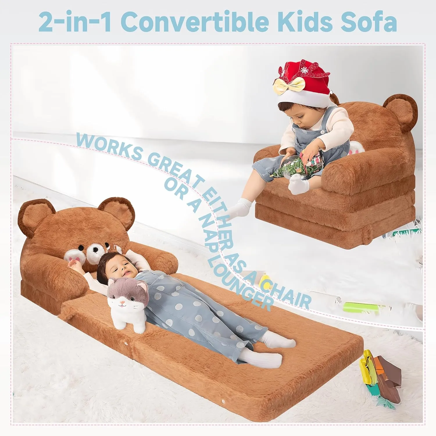 MONKISS Kids Couch, Comfy Toddler Chair, 2 in 1 Fold Out Kids Sofa to Lounger, Baby Sleeper Chair, Toddler Furniture, Birthday Gifts for Boys and Girls, 18  Months, Bear
