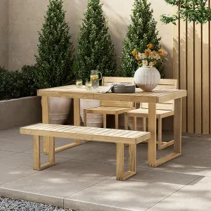 mopio Bruno Outdoor Dining Set, Solid Acacia Wood Patio Table & Chairs Set for Indoor Outdoor Dining, Mid Century Modern Farmhouse Conversation Sets (4 Seater: Table, 1 Bench, 2 Chairs | 4 Piece)