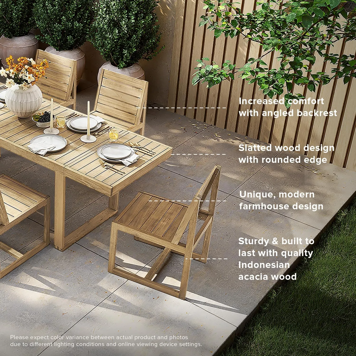 mopio Bruno Outdoor Dining Set, Solid Acacia Wood Patio Table & Chairs Set for Indoor Outdoor Dining, Mid Century Modern Farmhouse Conversation Sets (4 Seater: Table, 1 Bench, 2 Chairs | 4 Piece)