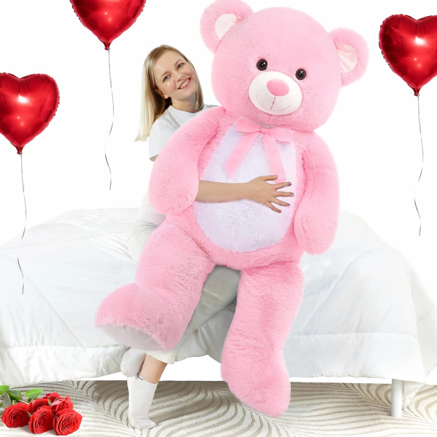 MorisMos Giant Teddy Bear Stuffed Animal 4 Feet,51 in Large Pink Bear for Girlfriend Boyfriend Wife Mom Fiancée Valentine's Gift,Big Bear Plush for Kid Birthday Christmas Baby Shower Decor,Pink