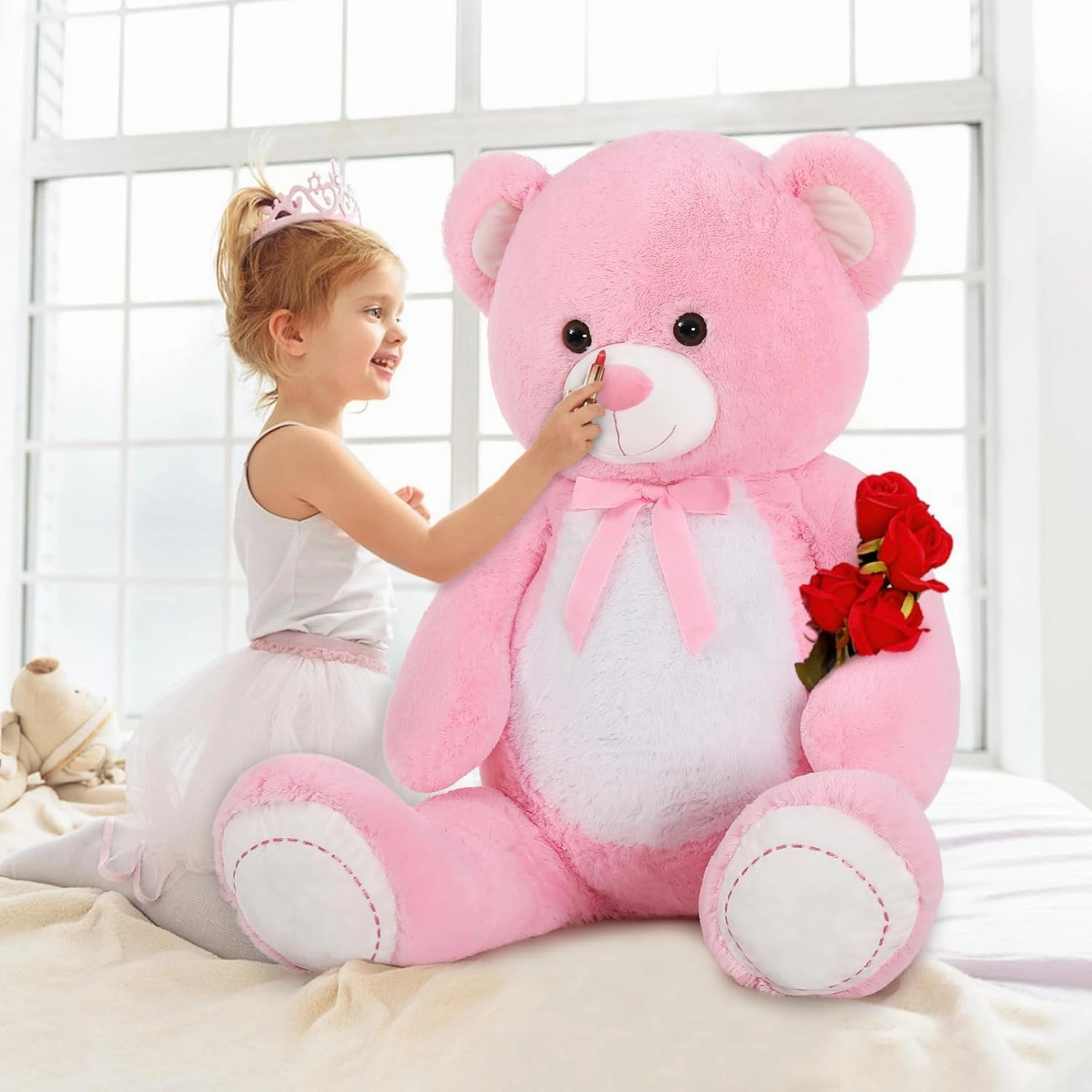 MorisMos Giant Teddy Bear Stuffed Animal 4 Feet,51 in Large Pink Bear for Girlfriend Boyfriend Wife Mom Fiancée Valentine's Gift,Big Bear Plush for Kid Birthday Christmas Baby Shower Decor,Pink
