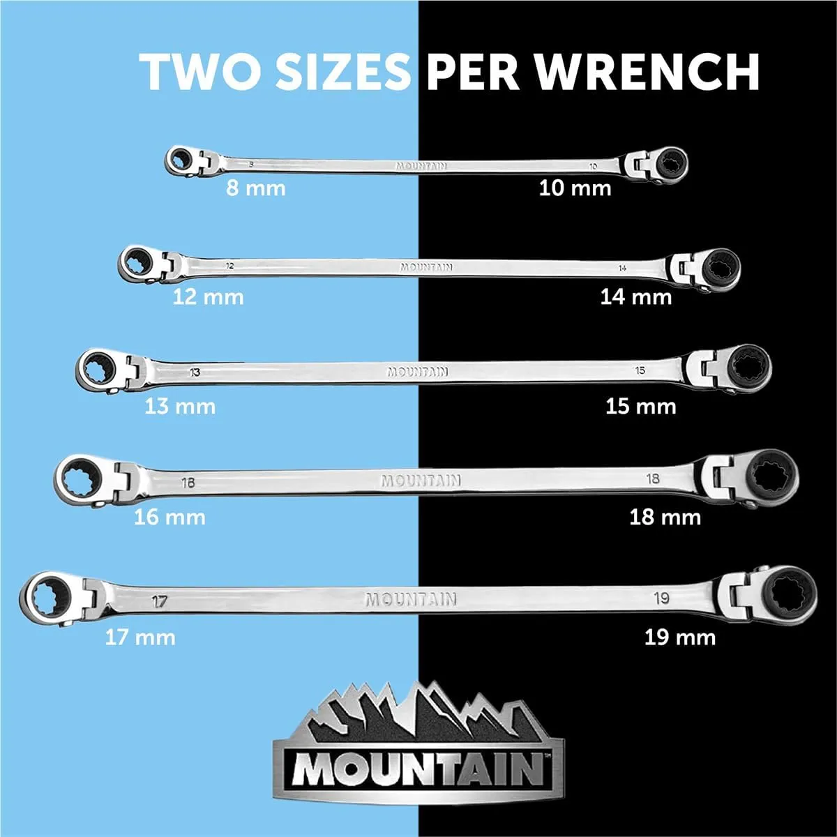 Mountain 5-Piece Metric Double Box Universal Spline Reversible Ratcheting Wrench Set; 8 mm - 18mm, 90 Tooth Design, Long, Flexible; MTNRM6
