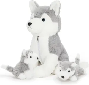 Muiteiur 16inch Dog Stuffed Animal, Soft Plush Husky Zippered Belly Inside with 2 Cute Puppy, Stuffed Animal Gift for Kids Boys Girls