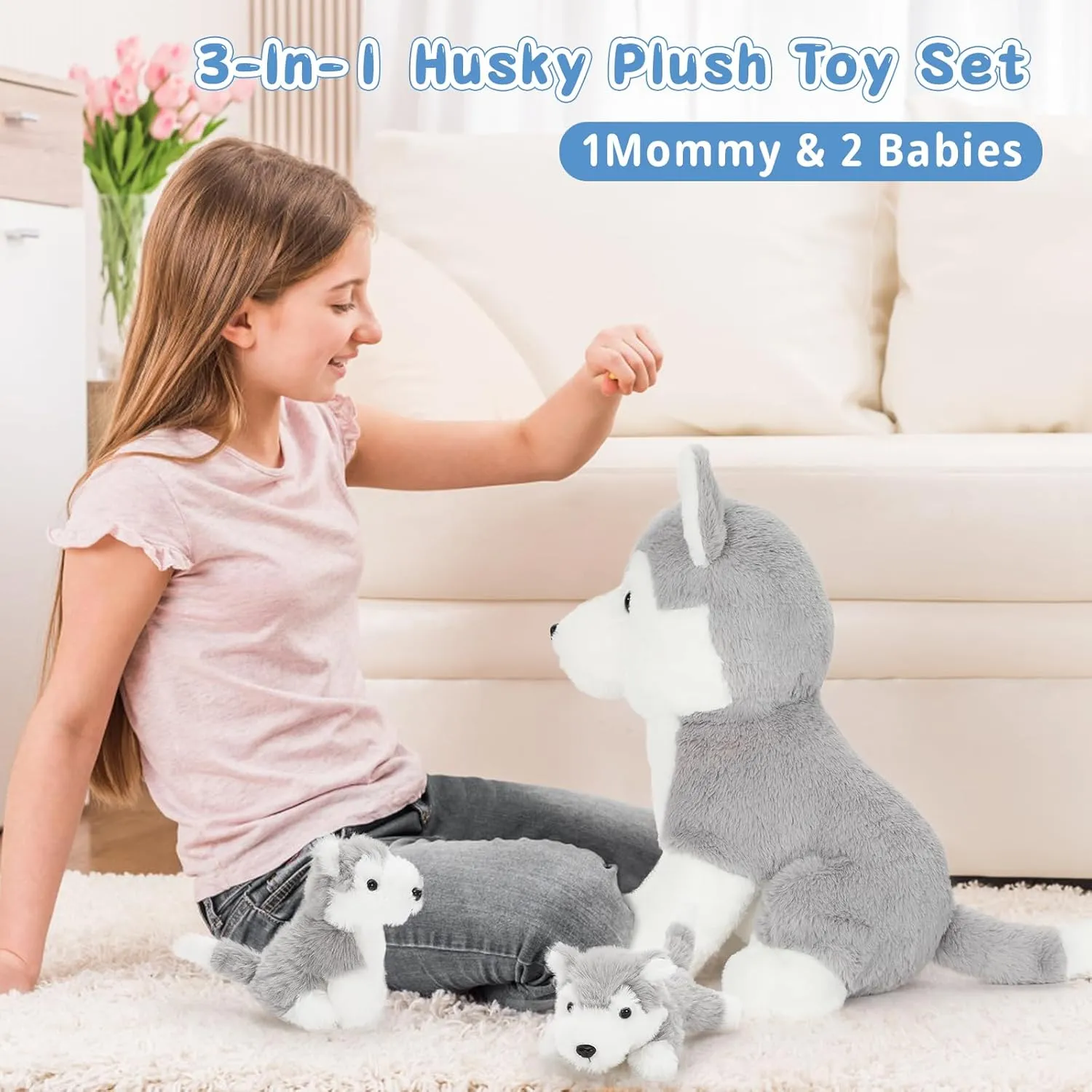 Muiteiur 16inch Dog Stuffed Animal, Soft Plush Husky Zippered Belly Inside with 2 Cute Puppy, Stuffed Animal Gift for Kids Boys Girls