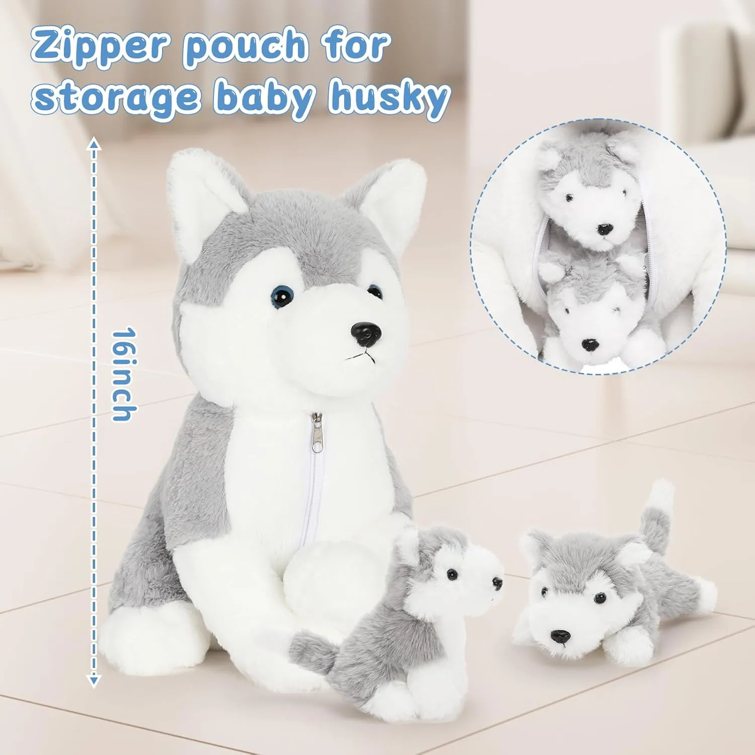 Muiteiur 16inch Dog Stuffed Animal, Soft Plush Husky Zippered Belly Inside with 2 Cute Puppy, Stuffed Animal Gift for Kids Boys Girls