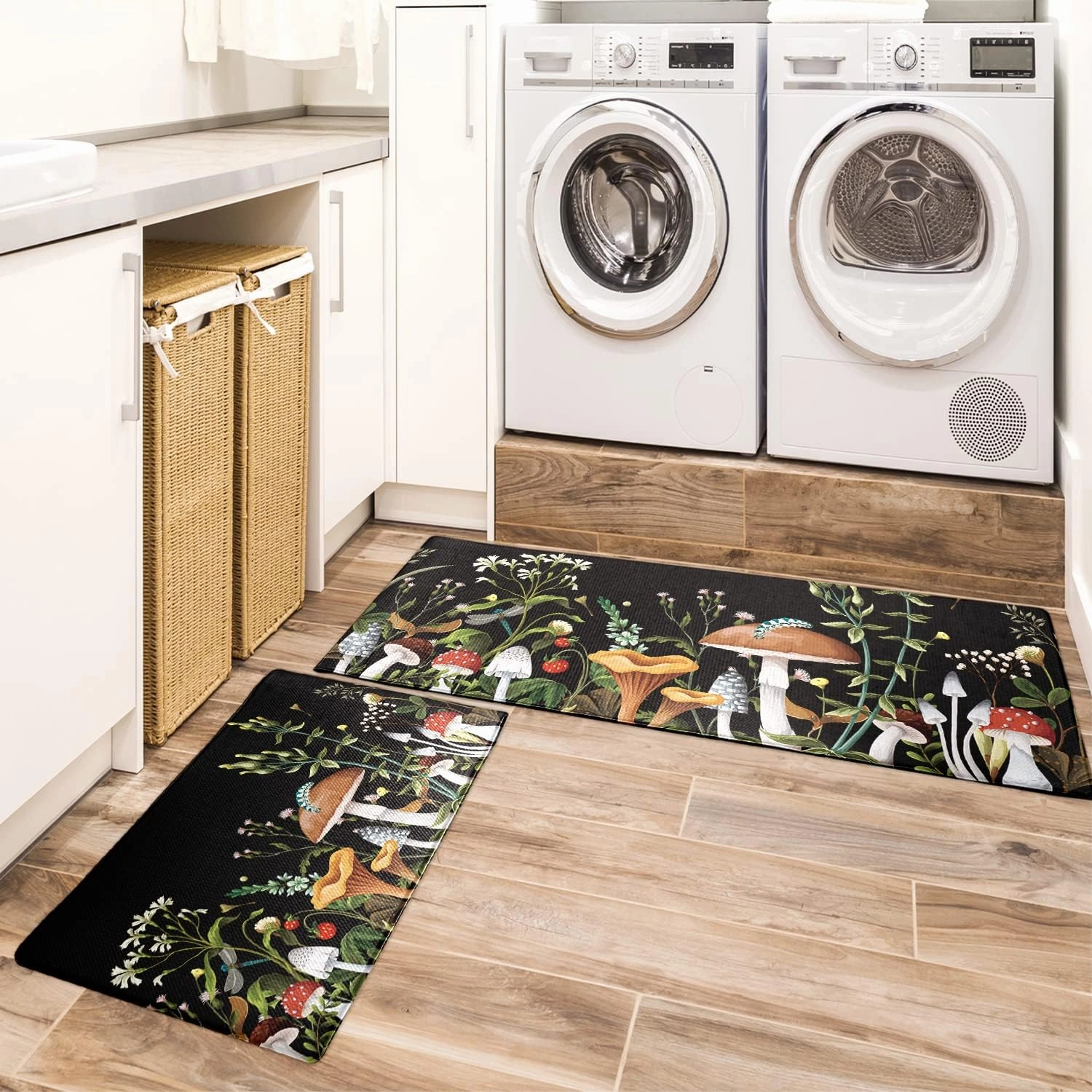 Mushroom Kitchen Rugs and Mats Green Mushroom Kitchen Decor Anti Fatigue Kitchen Floor Mat Set of 2 Non-Skid Washable Kitchen Runner Rug for Kitchen Sink Laundry