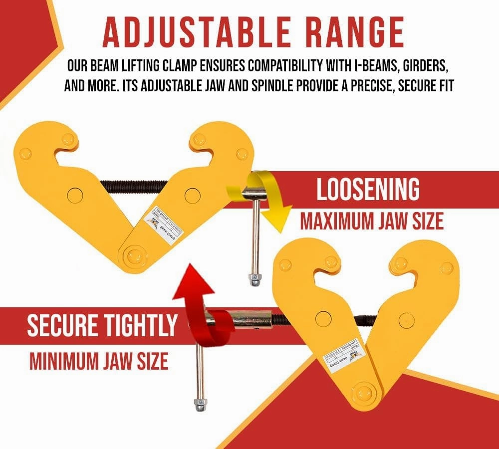 Mytee Products 2 Pack Adjustable Beam Clamp Yellow, 5 Ton / 11023 LB Working Load Limit with Manual Screw Rod, I-Beam Lifting Clamp For Industrial, Home-garage Lifting, Rigging, and Other Operations