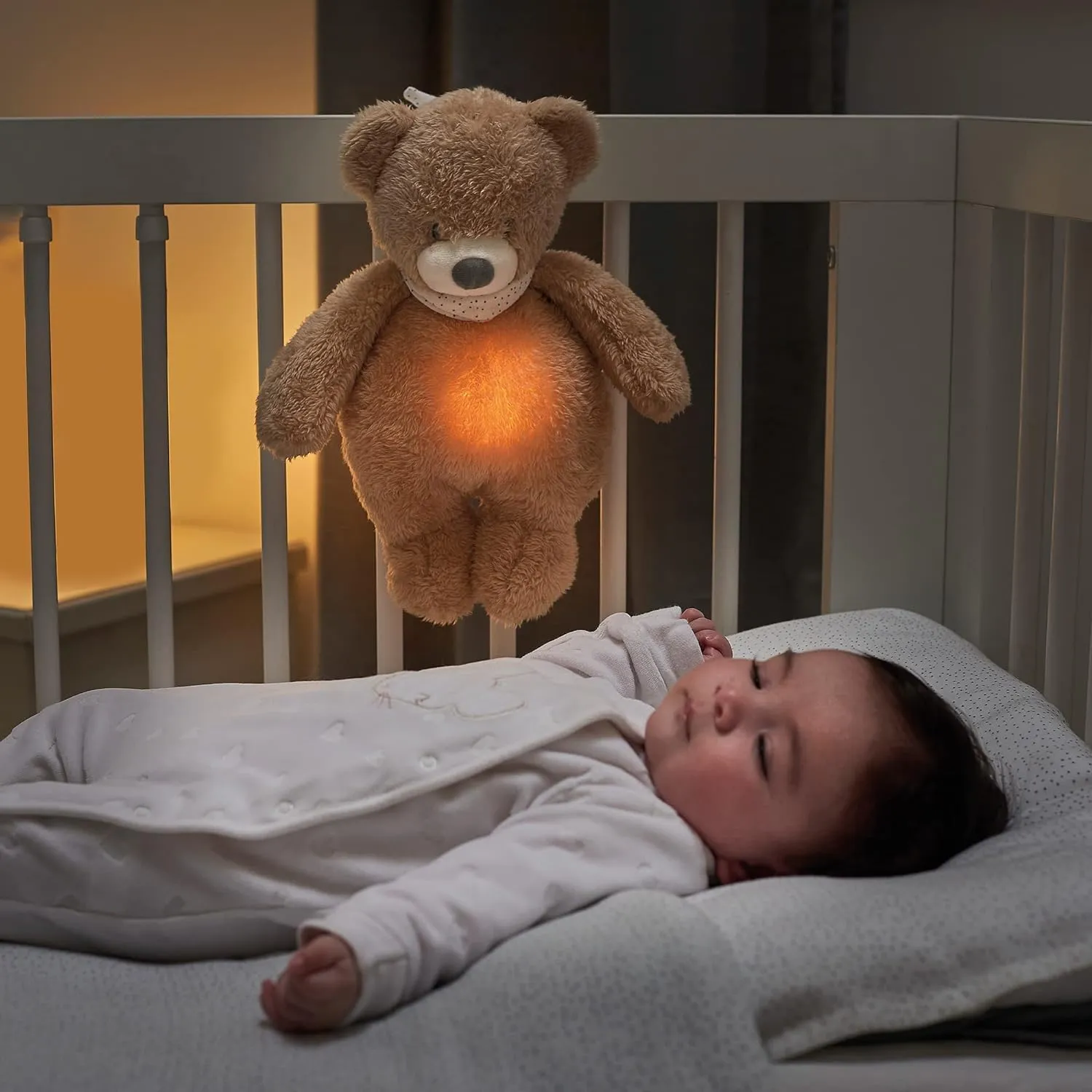 Nattou Teddy Bear with Night Light, Sleepy, 7 Natural Colours, Built-in Music Box, USB Battery, 19.3 x 11 x 30 .5 cm, Vegan, Plush/Polyester, Light Brown