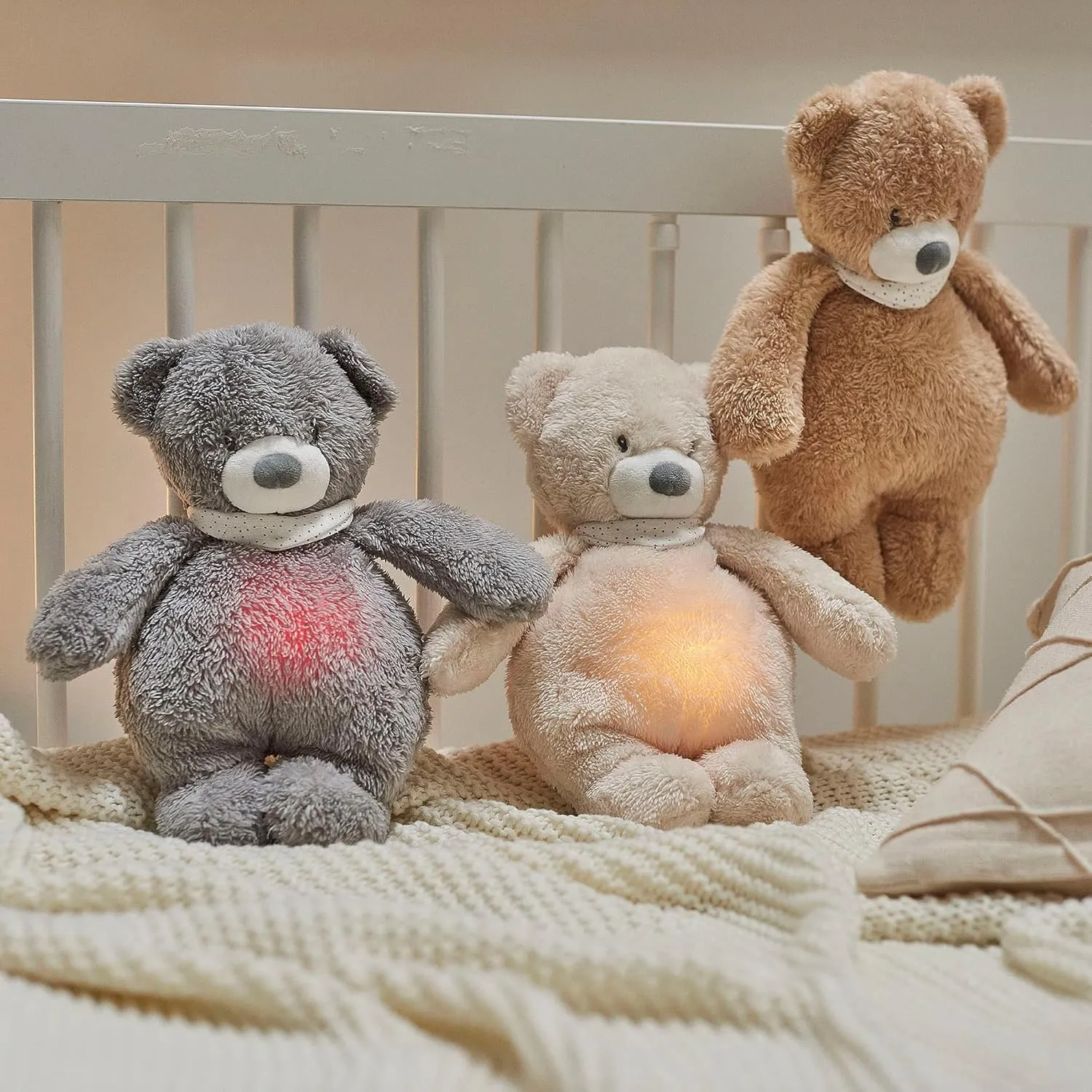 Nattou Teddy Bear with Night Light, Sleepy, 7 Natural Colours, Built-in Music Box, USB Battery, 19.3 x 11 x 30 .5 cm, Vegan, Plush/Polyester, Light Brown