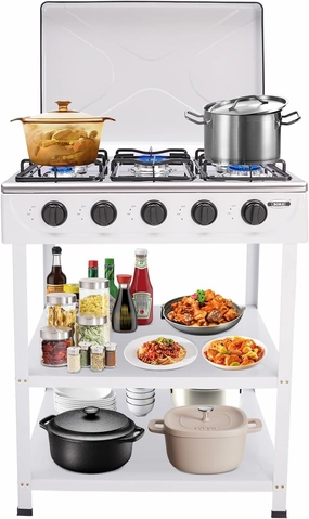 Natural Gas Stove with 5 Burners, Gas Cooktop Outdoor Camping Stove, Portable Natural Gas Cooker w/Storage Rack&Wind Blocking Cover, Natural Gas Camping Grill Stove for RV, Apartment, Outdoor Cooking