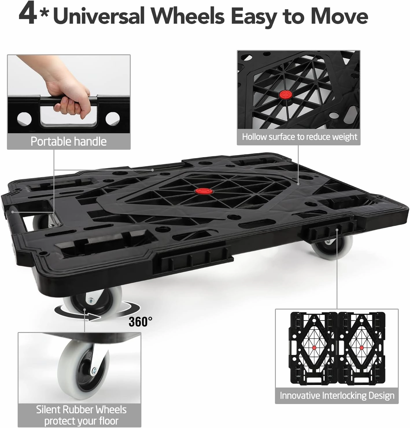 Nellyke Furniture Movers with Wheels, 2 Pack Large Furniture Dolly, 880 Lbs Capacity with 120in Rope, Connectable and Portable Dollies for Heavy Appliance, Black