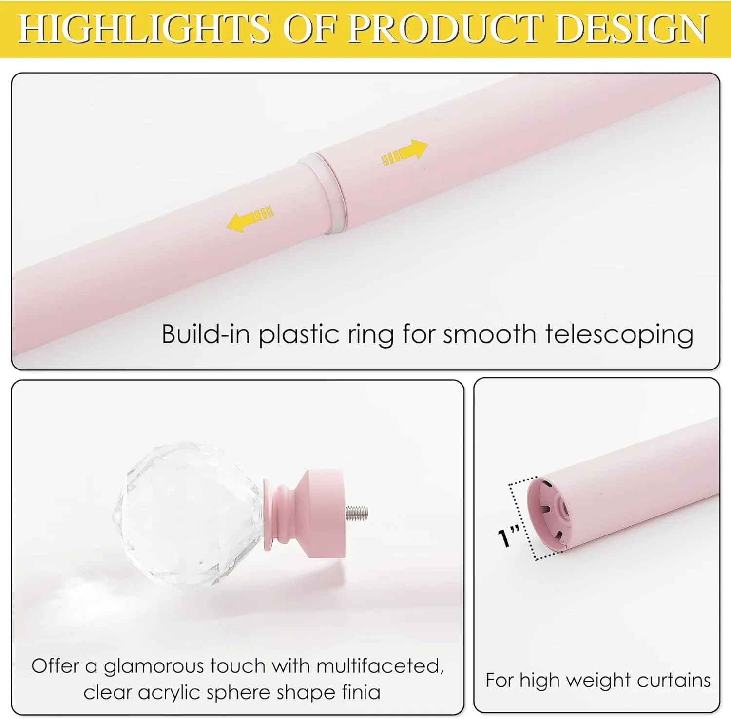 NICETOWN Pink Adjustable Metal Curtain Rod 1 inches Diameter Faceted Ball Finials Design Decorative Drapery Rod for Kitchen French Door Closet Cupboard Cafe Loft RV Girls Curtains, 28-48" Length