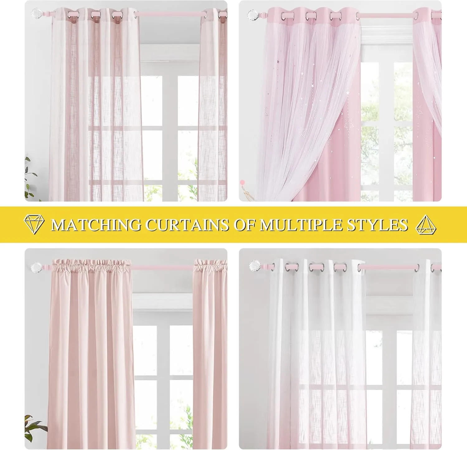 NICETOWN Pink Adjustable Metal Curtain Rod 1 inches Diameter Faceted Ball Finials Design Decorative Drapery Rod for Kitchen French Door Closet Cupboard Cafe Loft RV Girls Curtains, 28-48" Length