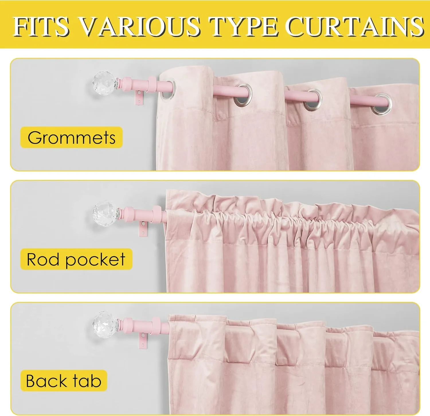 NICETOWN Pink Adjustable Metal Curtain Rod 1 inches Diameter Faceted Ball Finials Design Decorative Drapery Rod for Kitchen French Door Closet Cupboard Cafe Loft RV Girls Curtains, 28-48" Length