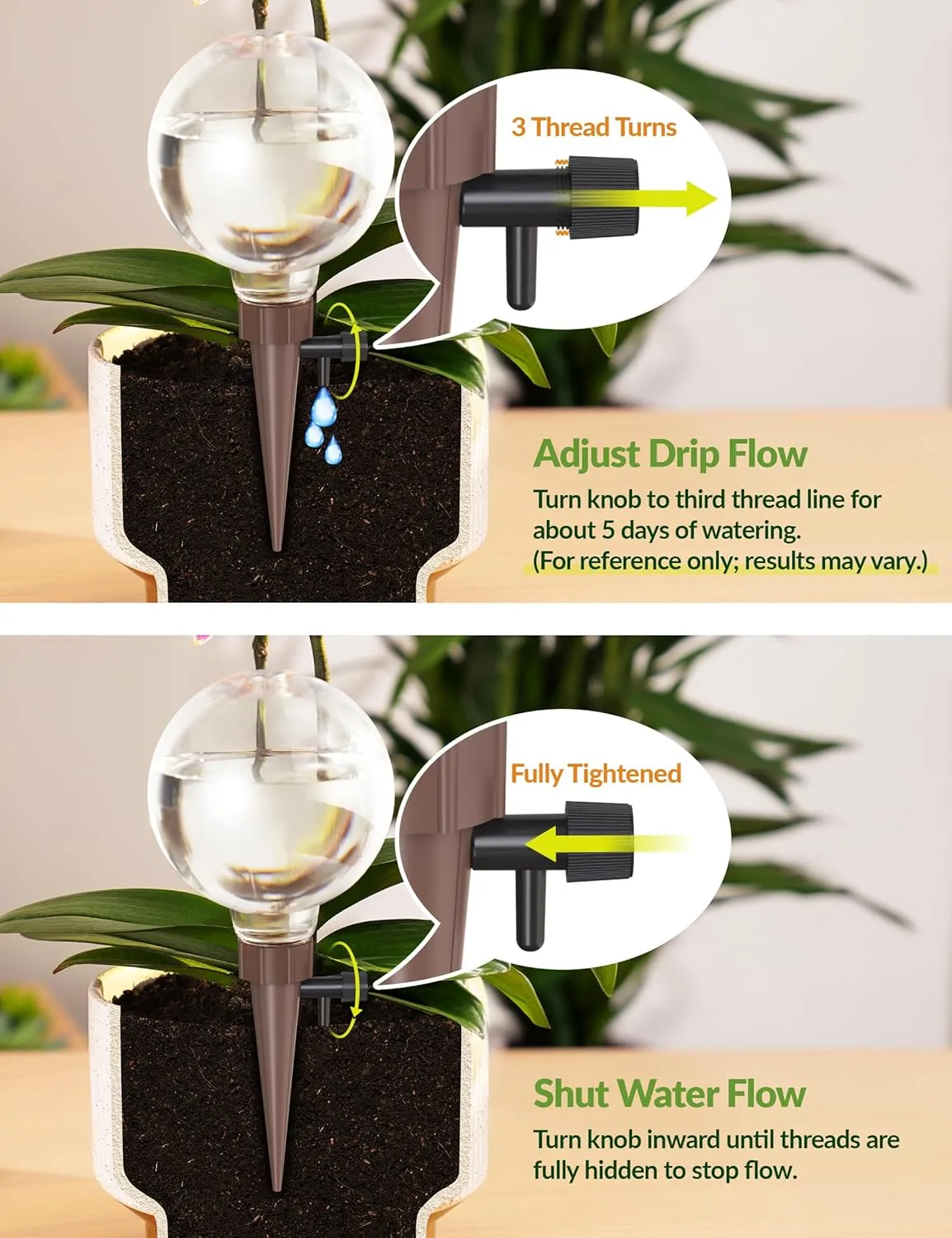 NiHome Plant Self-Watering Globes for Busy Individuals & Travelers, Long-Lasting Moisture Consistent Dripper Spike for Indoor & Outdoor Plants, Adjustable Flow Valve Easy to Refill & Maintain (4-Pack)
