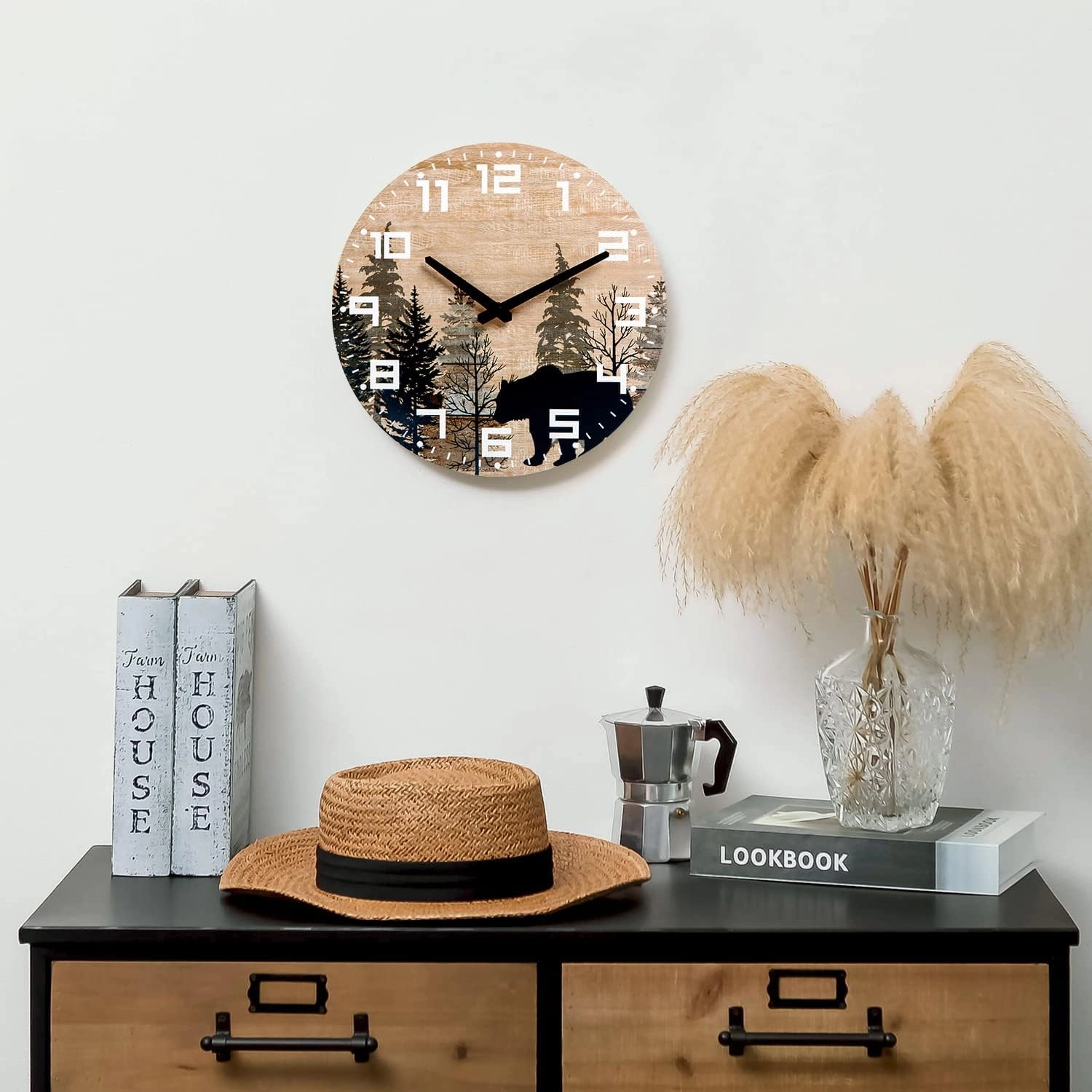 NIKKY HOME Cabin Bear Wall Clock Silent Non Ticking - 12 Inch Battery Operated Rustic Farmhouse Wooden Forest Wildlife Mountain Lodge Decor Art