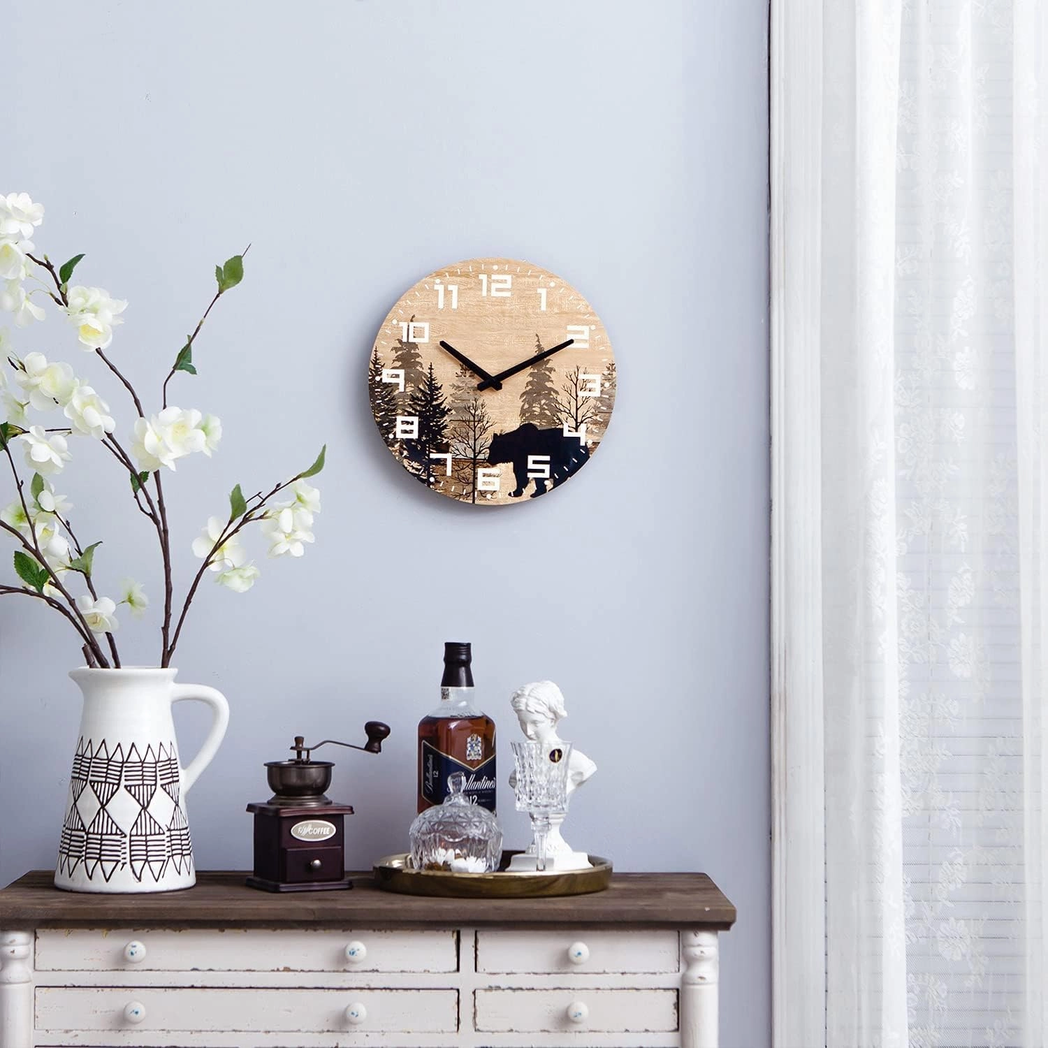 NIKKY HOME Cabin Bear Wall Clock Silent Non Ticking - 12 Inch Battery Operated Rustic Farmhouse Wooden Forest Wildlife Mountain Lodge Decor Art