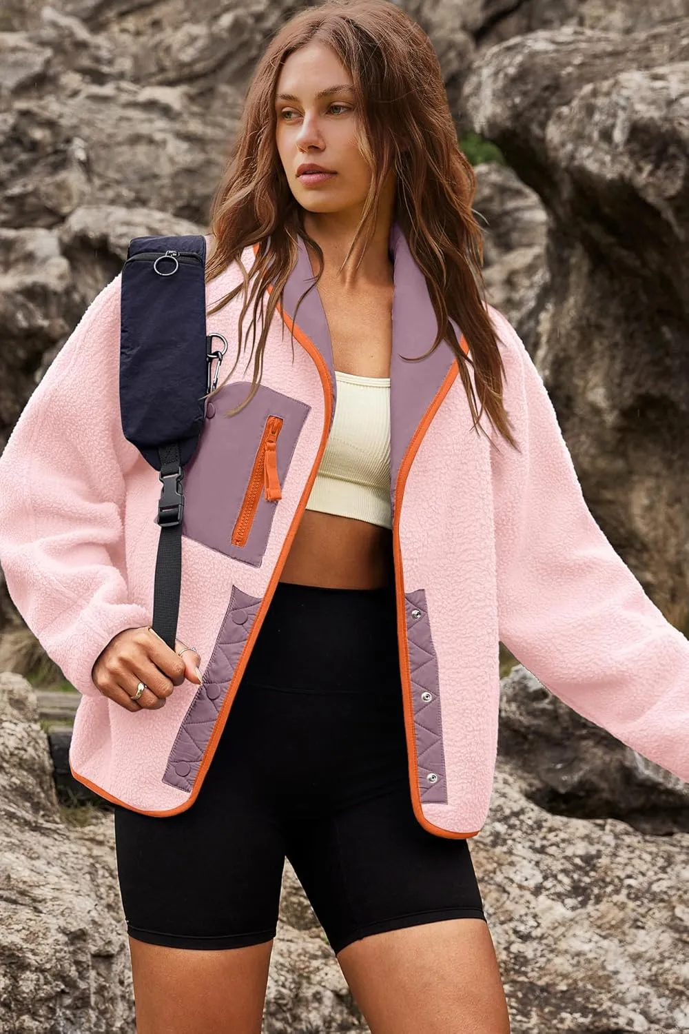 Nirovien Womens Fuzzy Fleece Jacket Colorblock Sherpa Coats Shawl Collar Button Down Warm Outwear with Pockets