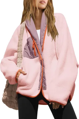 Nirovien Womens Fuzzy Fleece Jacket Colorblock Sherpa Coats Shawl Collar Button Down Warm Outwear with Pockets
