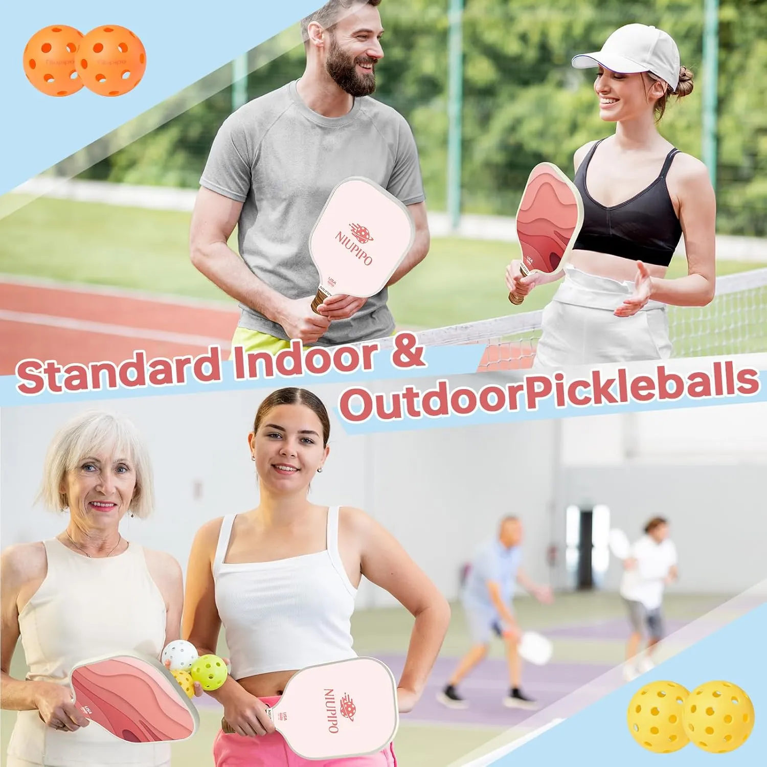 niupipo Pickleball Paddles Set of 2/4, USAPA Approved Fiberglass Surface Lightweight Pickle Ball Rackets with Honeycomb Core, 2 Indoor and 2 Outdoor Balls, 1 Carrying Bag for Beginner, Men, Women