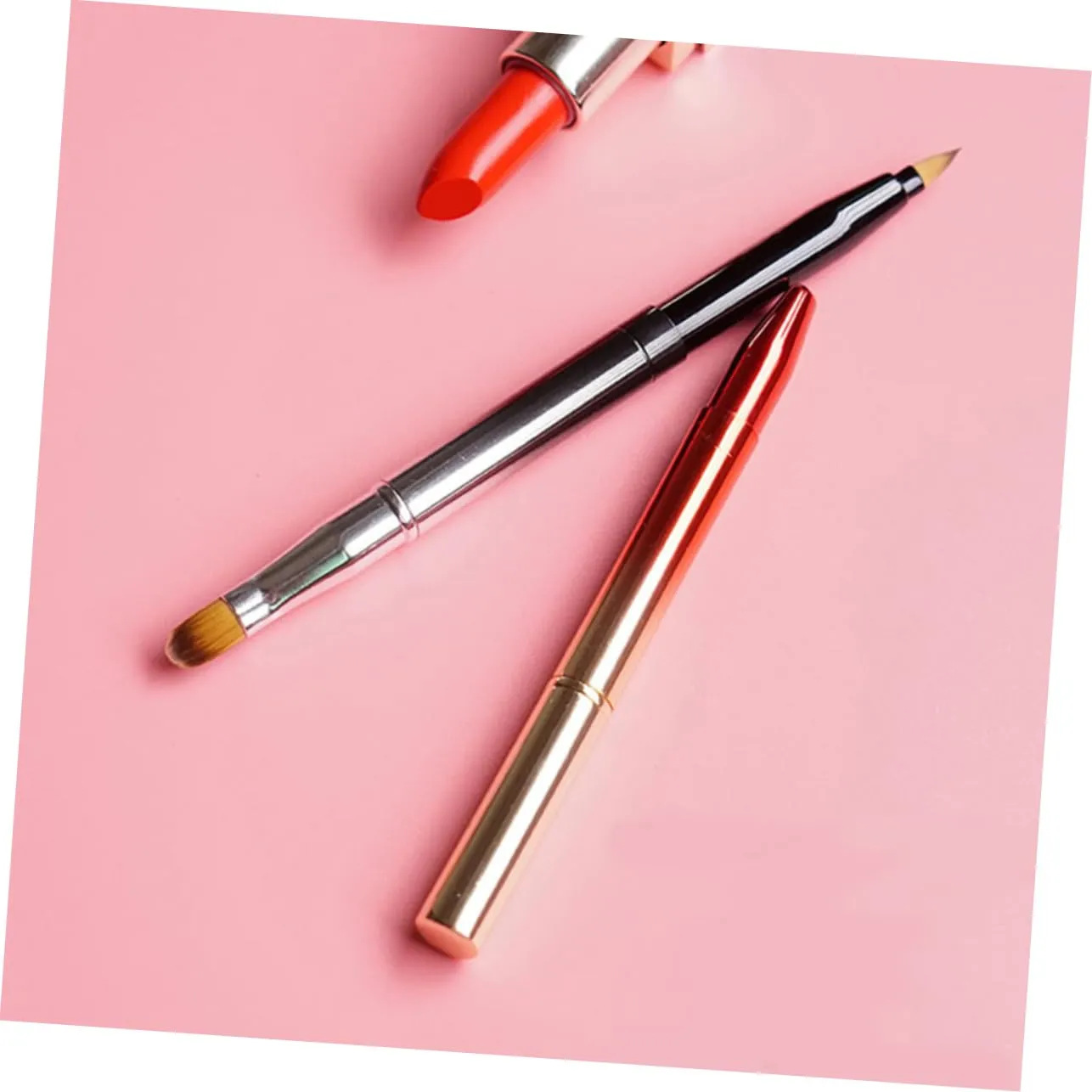 NOLITOY 2pcs Retractable Lip Brush for Makeup Dual-ended Flexible Lipstick Lip Gloss Applicator Compact Portable Design Metal Shell for Beauty Salons Home Use Black Gradient