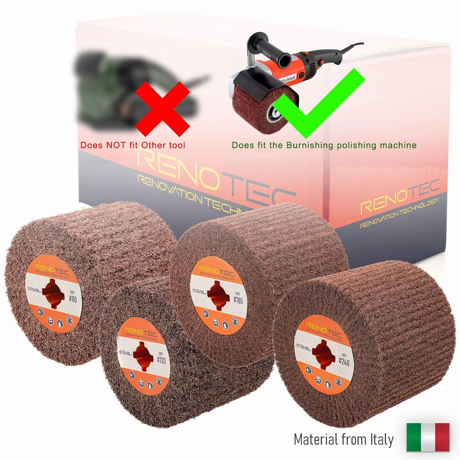 Non-Woven Wheel, 120x100mm, Italian Material, Wire Drawing Satin Finish of Metal Surface, Conditioning Drum Burnishing Wheel (80-240 Grit Set)