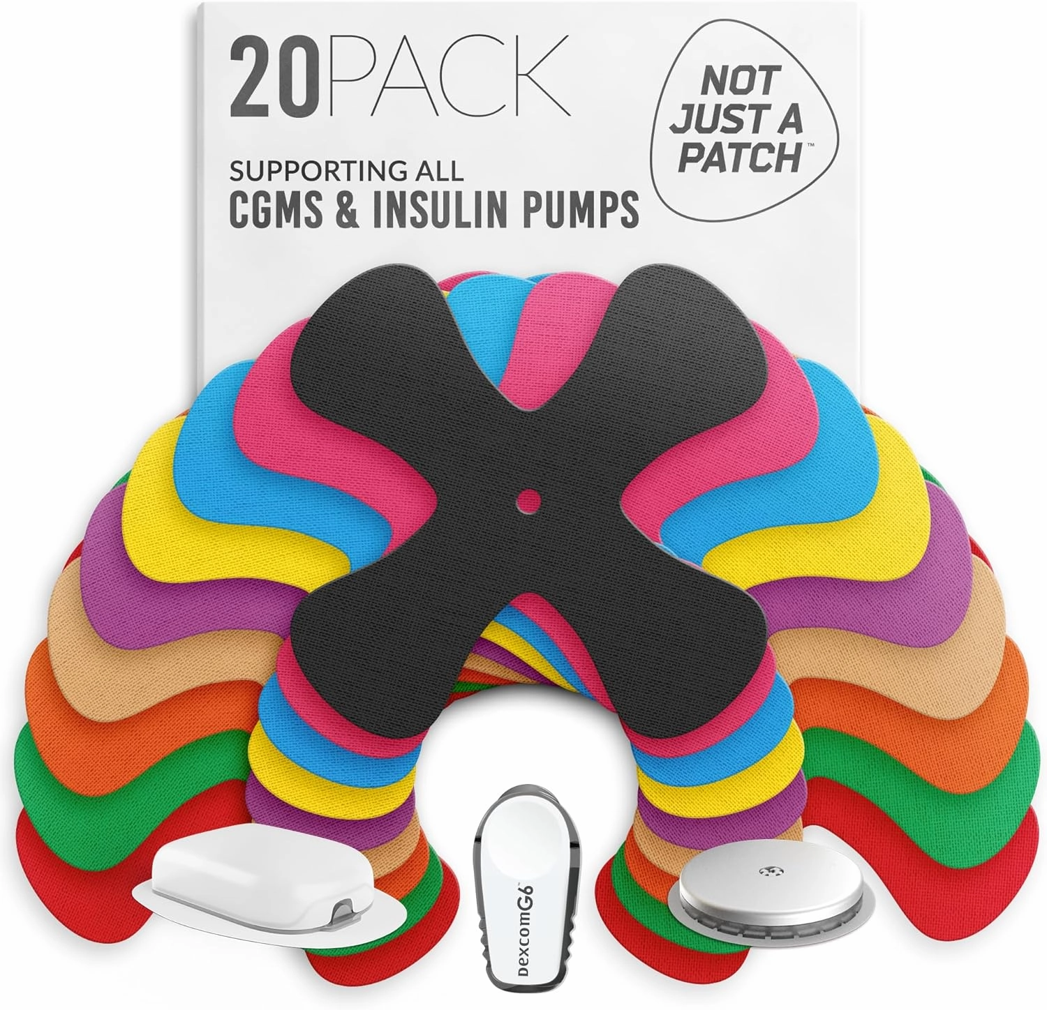 Not Just A Patch X-Patch CGM Sensor Patches (20 Pack) - Water Resistant Omnipod 5 Adhesive Patches - Durable for Active Lifestyle for 10-14 Days - Compatible with Dexcom G6, Libre 2 in Multi-Color