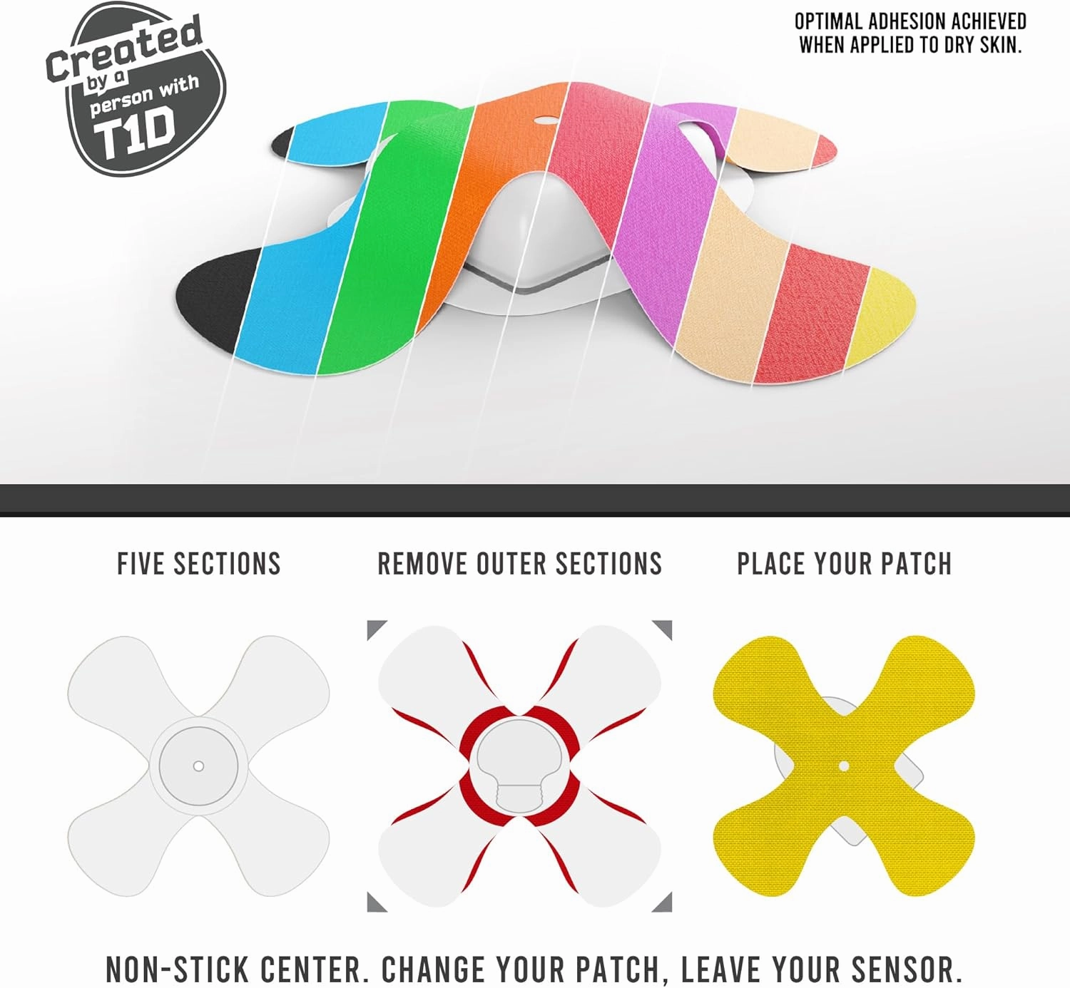 Not Just A Patch X-Patch CGM Sensor Patches (20 Pack) - Water Resistant Omnipod 5 Adhesive Patches - Durable for Active Lifestyle for 10-14 Days - Compatible with Dexcom G6, Libre 2 in Multi-Color
