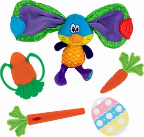 Nuby Baby Play and Explore Easter Gift Bundle – Silicone Carrot Tube Teether, Veggie Teether, Carrot Massaging Teether, and Teether Tugz Plush Toy – Easter Basket Stuffers for Babies