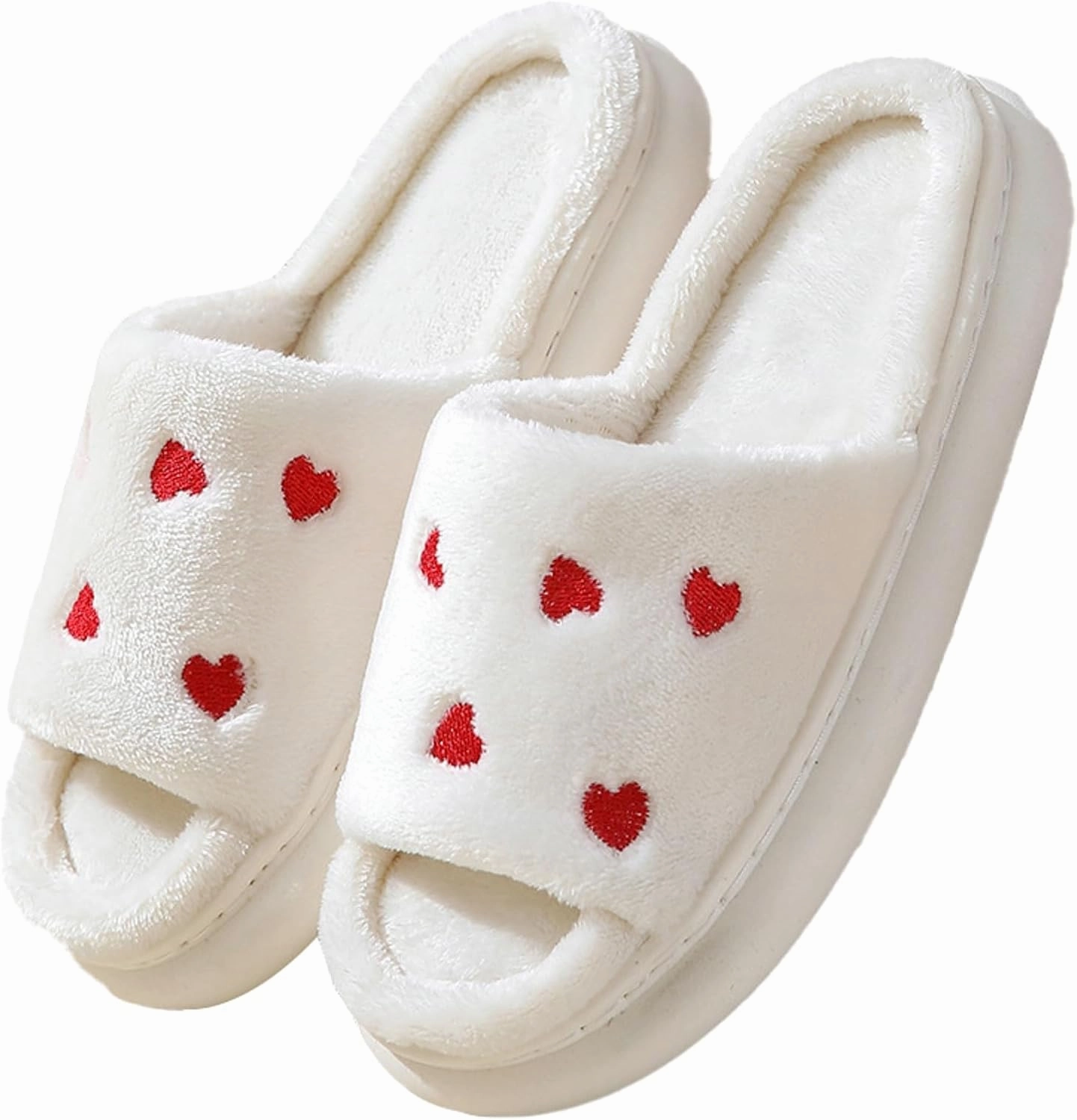 Obosoyo Plush Slippers Couples Cozy Heart Indoor Slippers Men Women Thick Sole Fuzzy Warm Winter