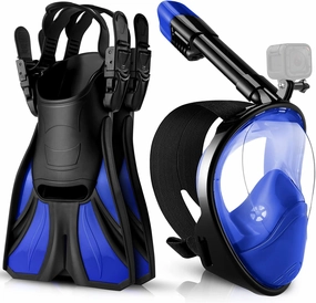 Odoland Snorkeling Packages, Full Face Snorkel Mask for Adults & Youth with Camera Mount, Adjustable Swim Fins, Anti-Fog Anti-Leak Diving Gear for Men Women Teens