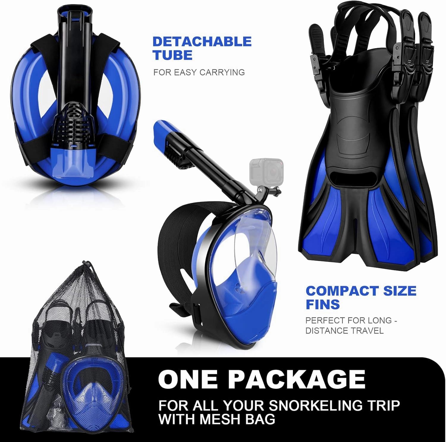 Odoland Snorkeling Packages, Full Face Snorkel Mask for Adults & Youth with Camera Mount, Adjustable Swim Fins, Anti-Fog Anti-Leak Diving Gear for Men Women Teens
