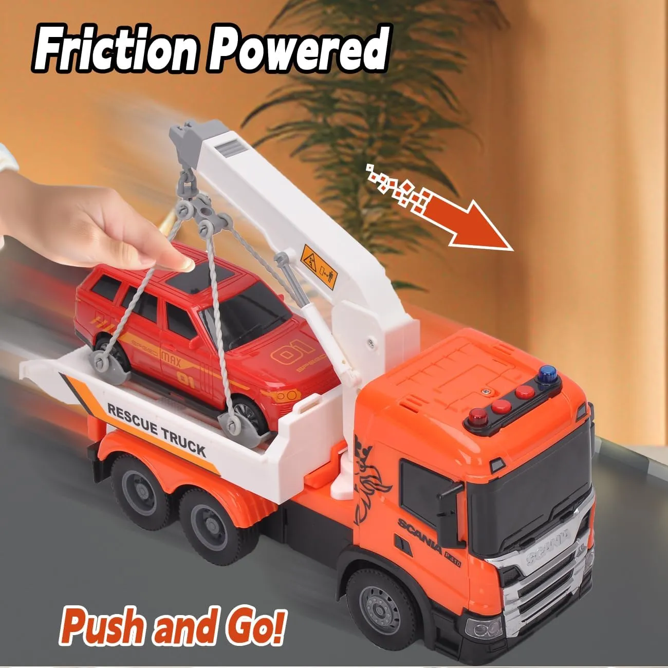 Official Licensed Scania Tow Truck with Crane Toy Kid’s Friction Powered Tow Truck Toy with Light and Sounds Boys & Girls Gifts