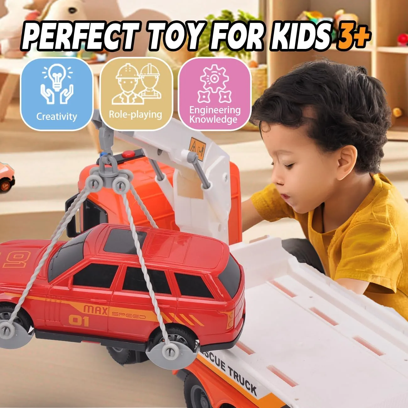 Official Licensed Scania Tow Truck with Crane Toy Kid’s Friction Powered Tow Truck Toy with Light and Sounds Boys & Girls Gifts
