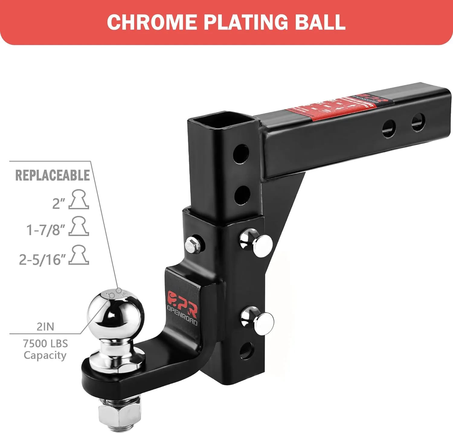 OPENROAD Adjustable Trailer Hitch Ball Mount - Fits 2-Inch Receiver, 2" Tow Balls, 7500lbs, 9-1/2" Drop/ 8-1/4" Rise, Heavy Duty Truck Hitch with Stainless Steel Pins and Lock