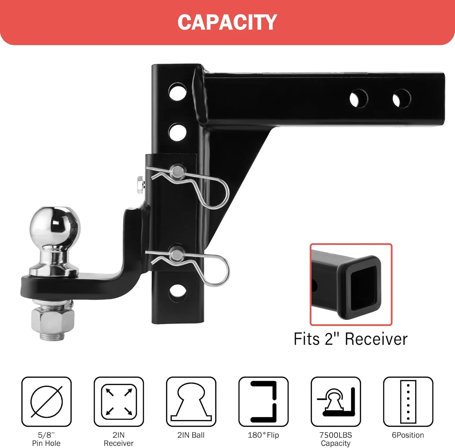 OPENROAD Adjustable Trailer Hitch Ball Mount - Fits 2-Inch Receiver, 2" Tow Balls, 7500lbs, 9-1/2" Drop/ 8-1/4" Rise, Heavy Duty Truck Hitch with Stainless Steel Pins and Lock