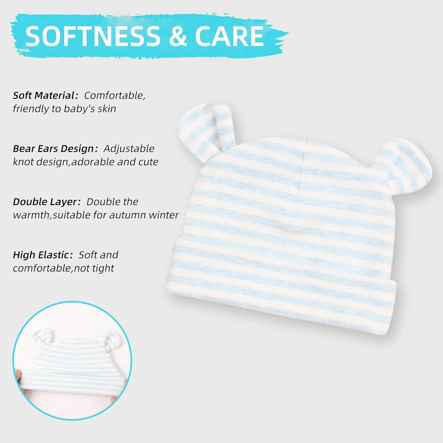 Original Cotton Newborn Hats for Girls Striped Preemie Baby Hats Bear Ears Infant Boys Beanies 0-6 Months