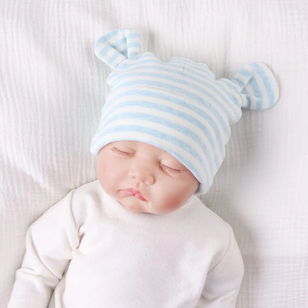 Original Cotton Newborn Hats for Girls Striped Preemie Baby Hats Bear Ears Infant Boys Beanies 0-6 Months