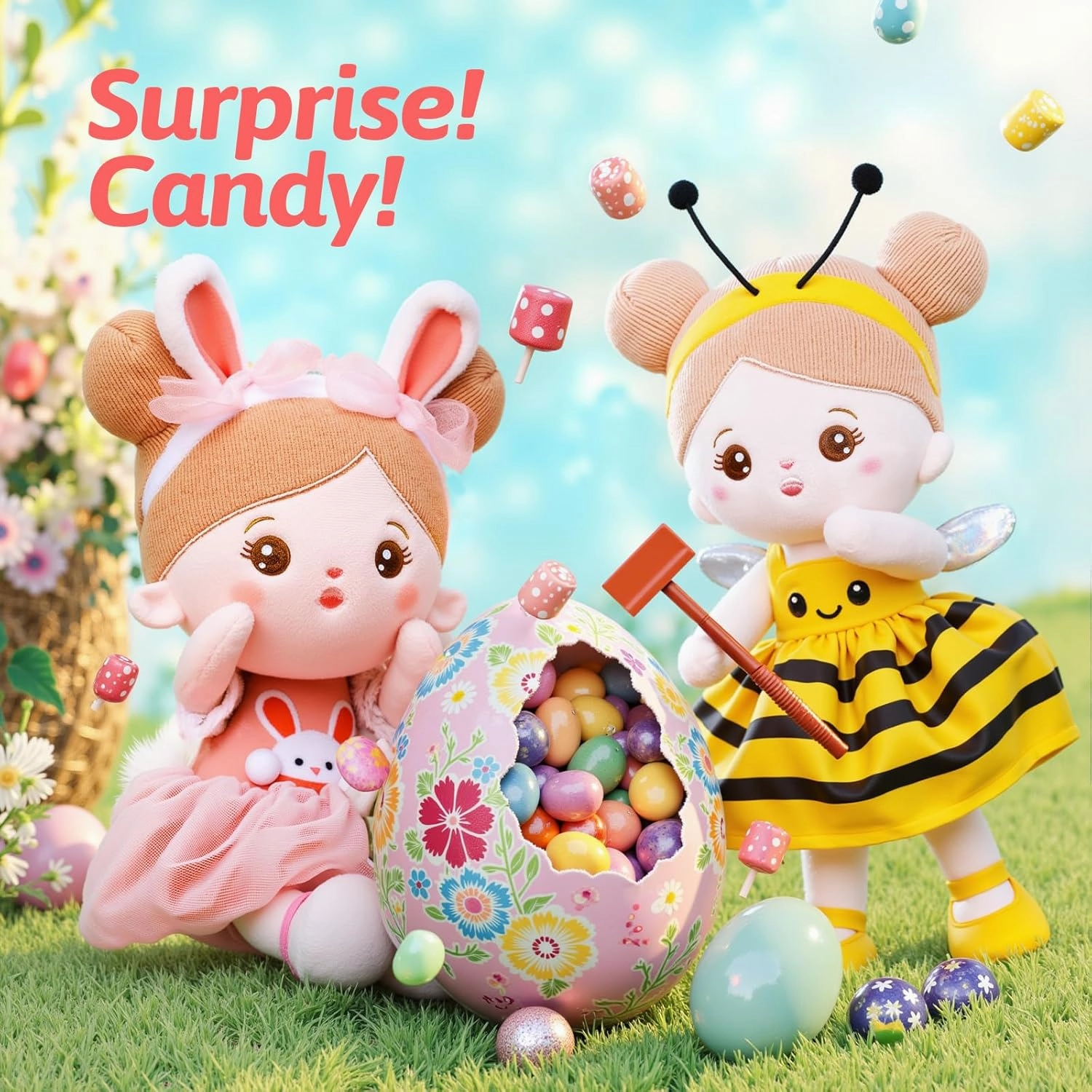 OUOZZZ Soft Baby Doll for Girls - First Baby Doll Easter Gifts Bunny Plush for Kids Easter Toys Decorations Basket Stuffers for Toddlers Infants 13"