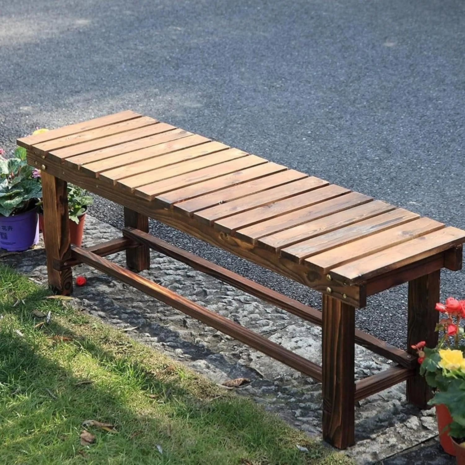 Outdoor Backless Wood Bench, 59" 2-Person Weatherproof Fir Bench, Patio Garden Seating for Porch, Yard, Park(90cm/35.4in)