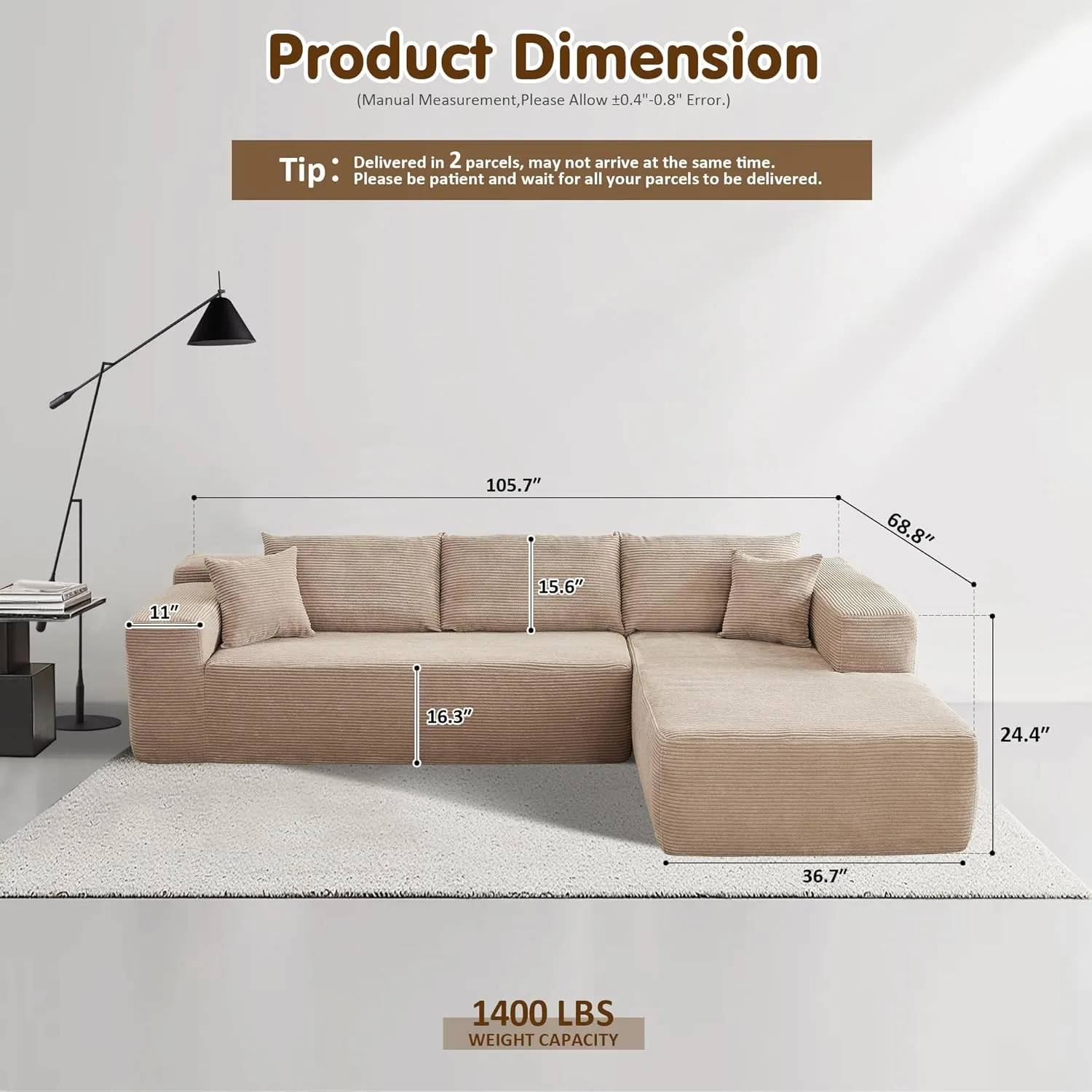 ovios 104" Cloud Sectional Couch with L-Shape Chaise,Modern Modular Sofa with Deep Seat, Upholstered Couches for Living Room Bedroom,No Assembly Required, Camel (Corduroy Fabric)