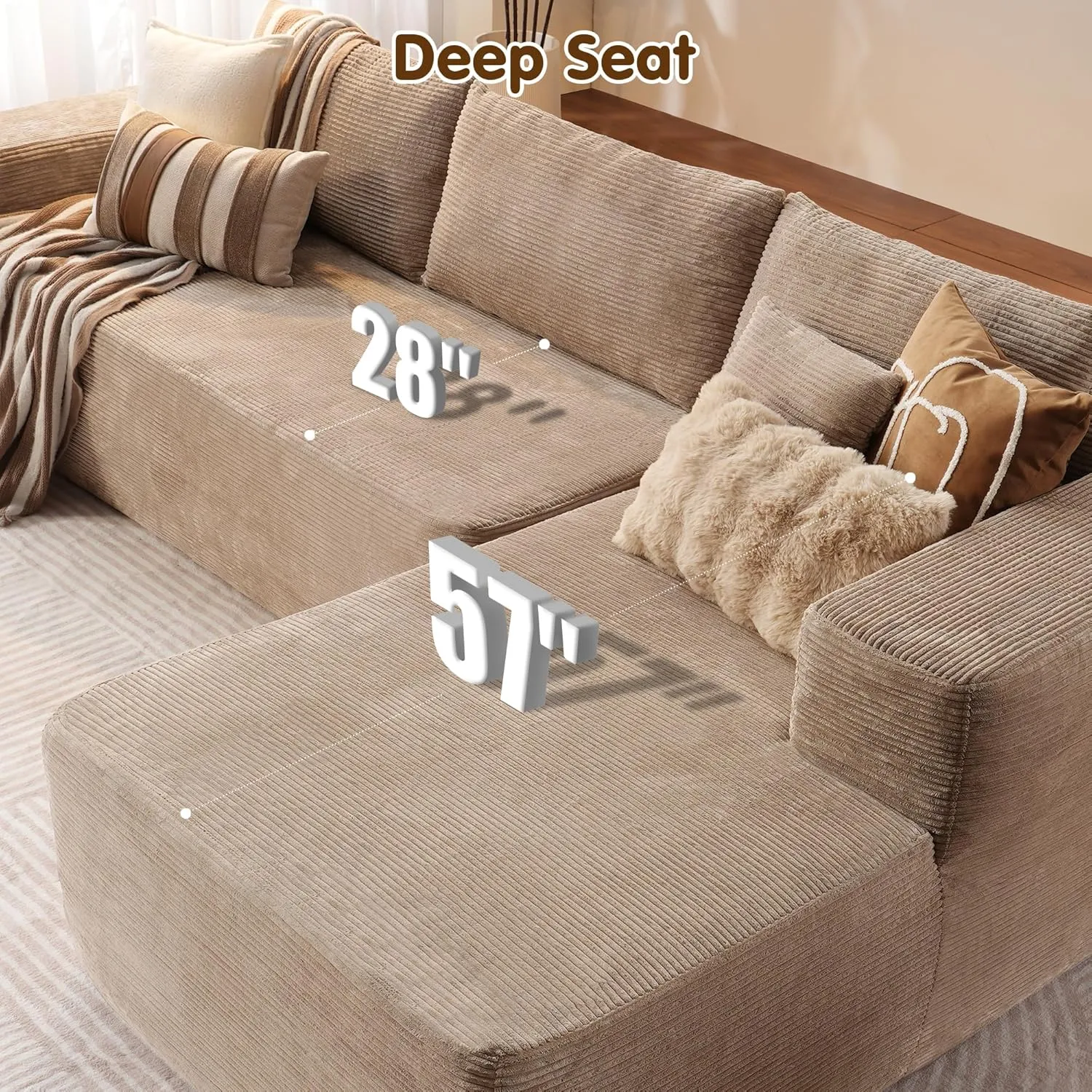 ovios 104" Cloud Sectional Couch with L-Shape Chaise,Modern Modular Sofa with Deep Seat, Upholstered Couches for Living Room Bedroom,No Assembly Required, Camel (Corduroy Fabric)
