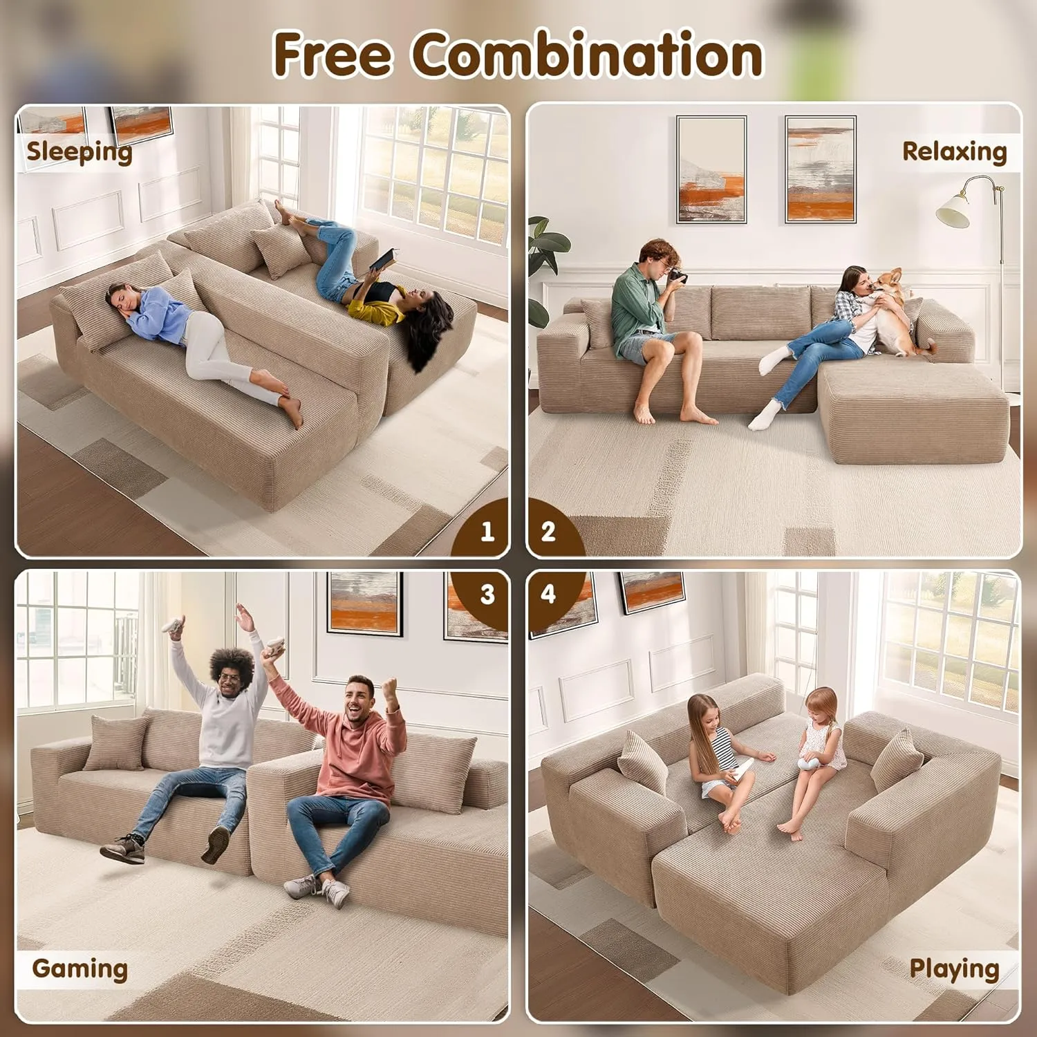 ovios 104" Cloud Sectional Couch with L-Shape Chaise,Modern Modular Sofa with Deep Seat, Upholstered Couches for Living Room Bedroom,No Assembly Required, Camel (Corduroy Fabric)