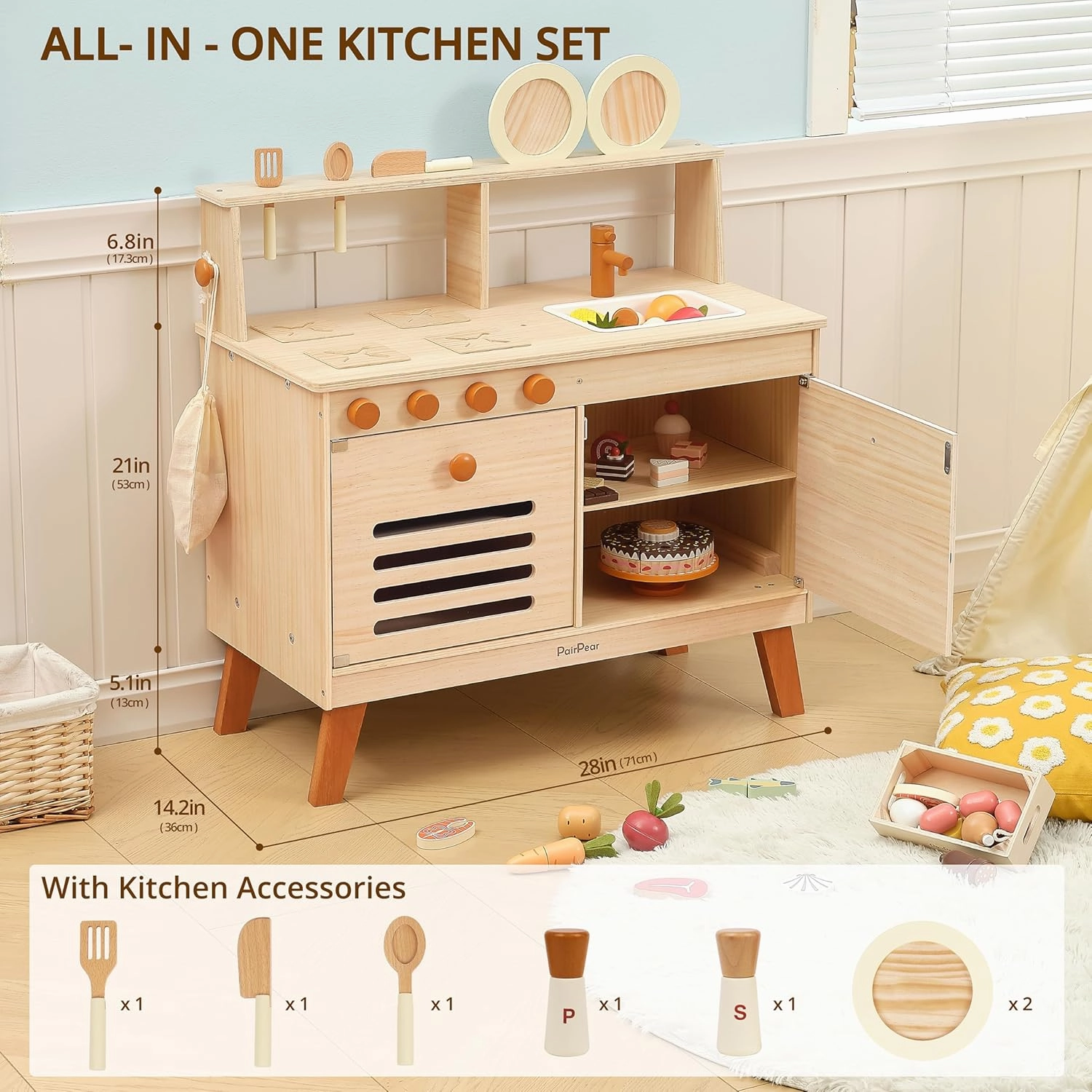 PairPear Play Kitchen Set for Kids, Wooden Toy Kitchen with Accessories & Play Food, Natural Wood Kids Kitchen for Imaginative Cooking & DIY Crafting - Ideal Gift for Toddlers Age 3 