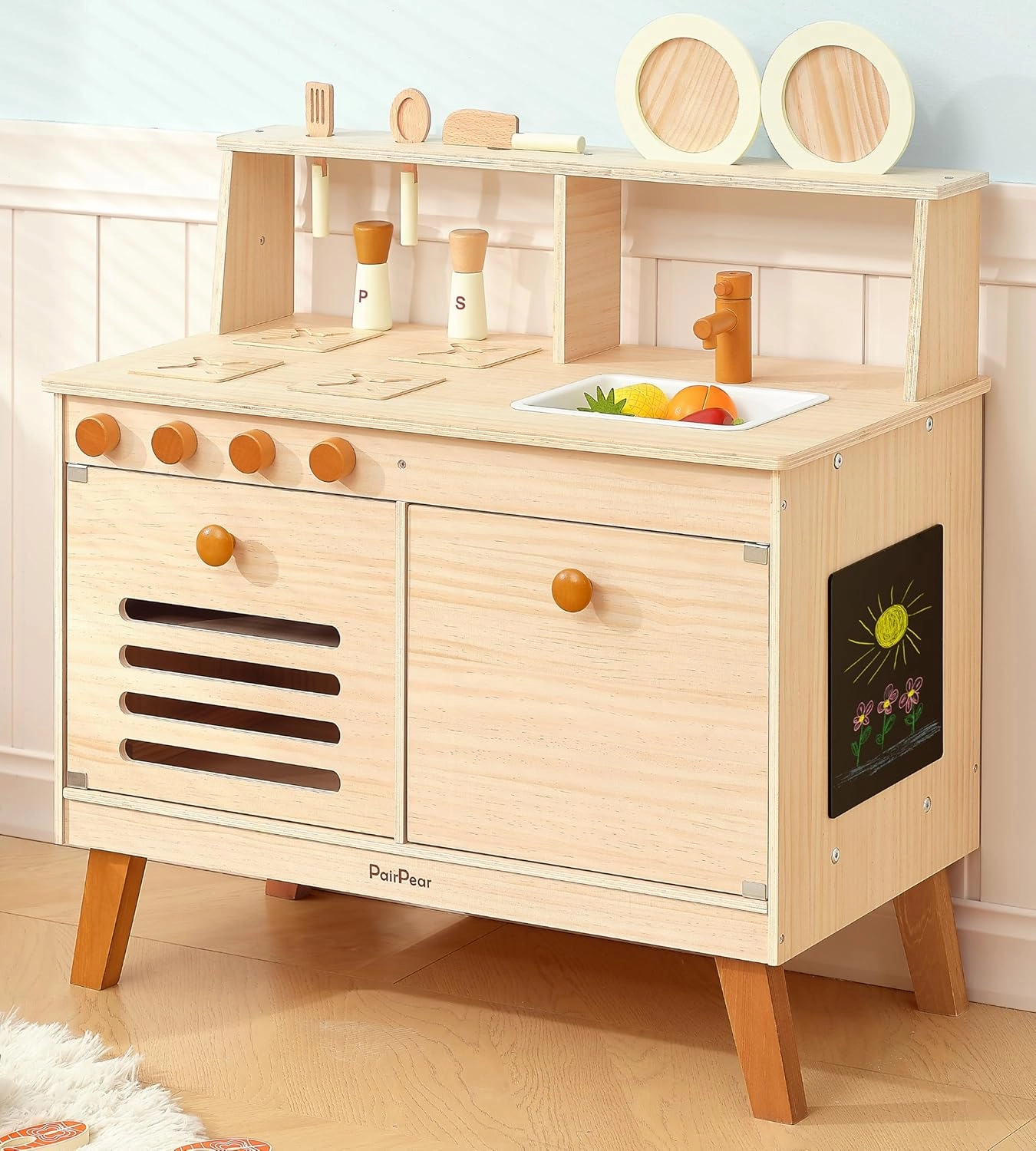 PairPear Play Kitchen Set for Kids, Wooden Toy Kitchen with Accessories & Play Food, Natural Wood Kids Kitchen for Imaginative Cooking & DIY Crafting - Ideal Gift for Toddlers Age 3 