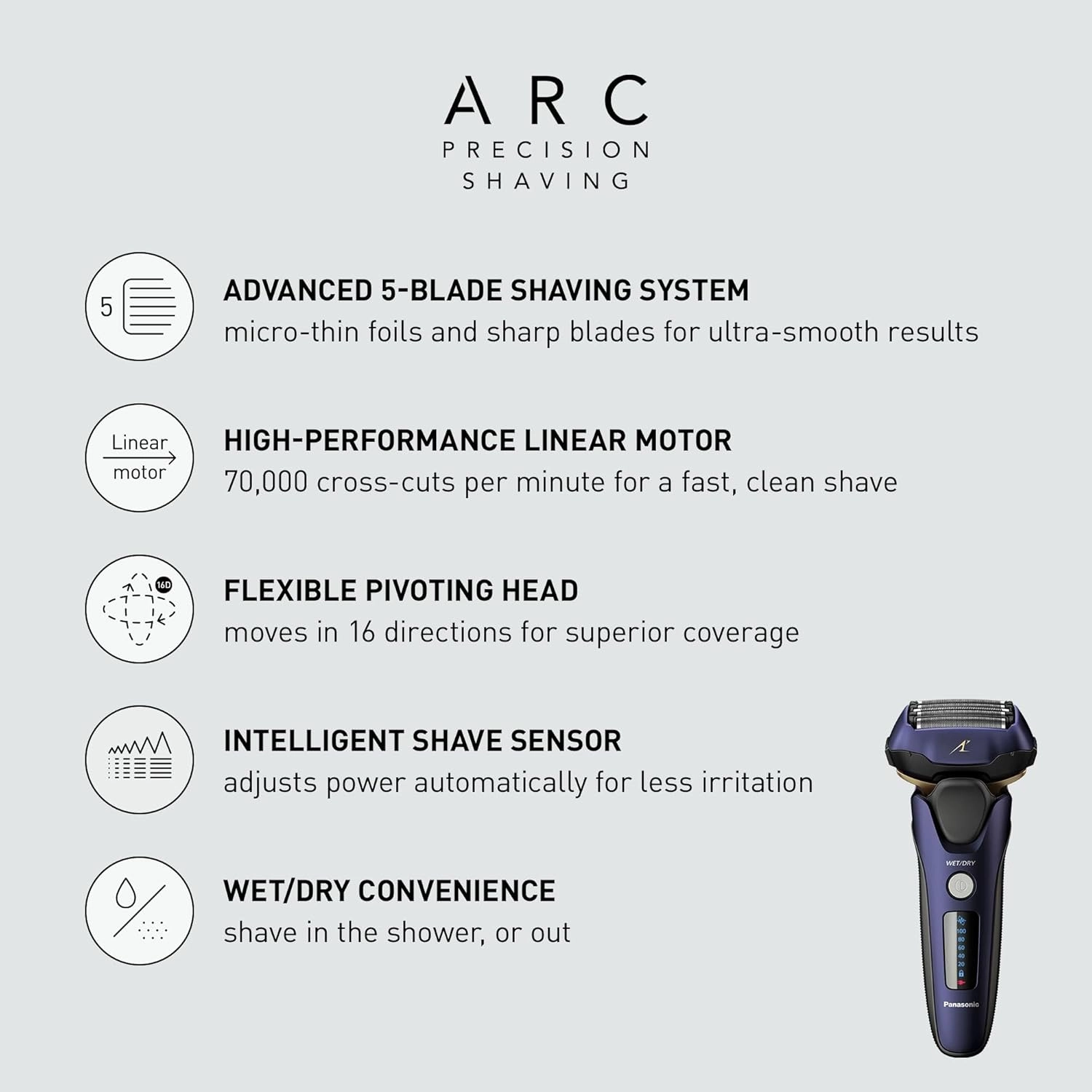 Panasonic ARC5 Electric Razor for Men with Pop-up Trimmer, Wet Dry 5-Blade Electric Shaver with Intelligent Shave Sensor and 16D Flexible Pivoting Head - ES-ALV6HA (Navy)