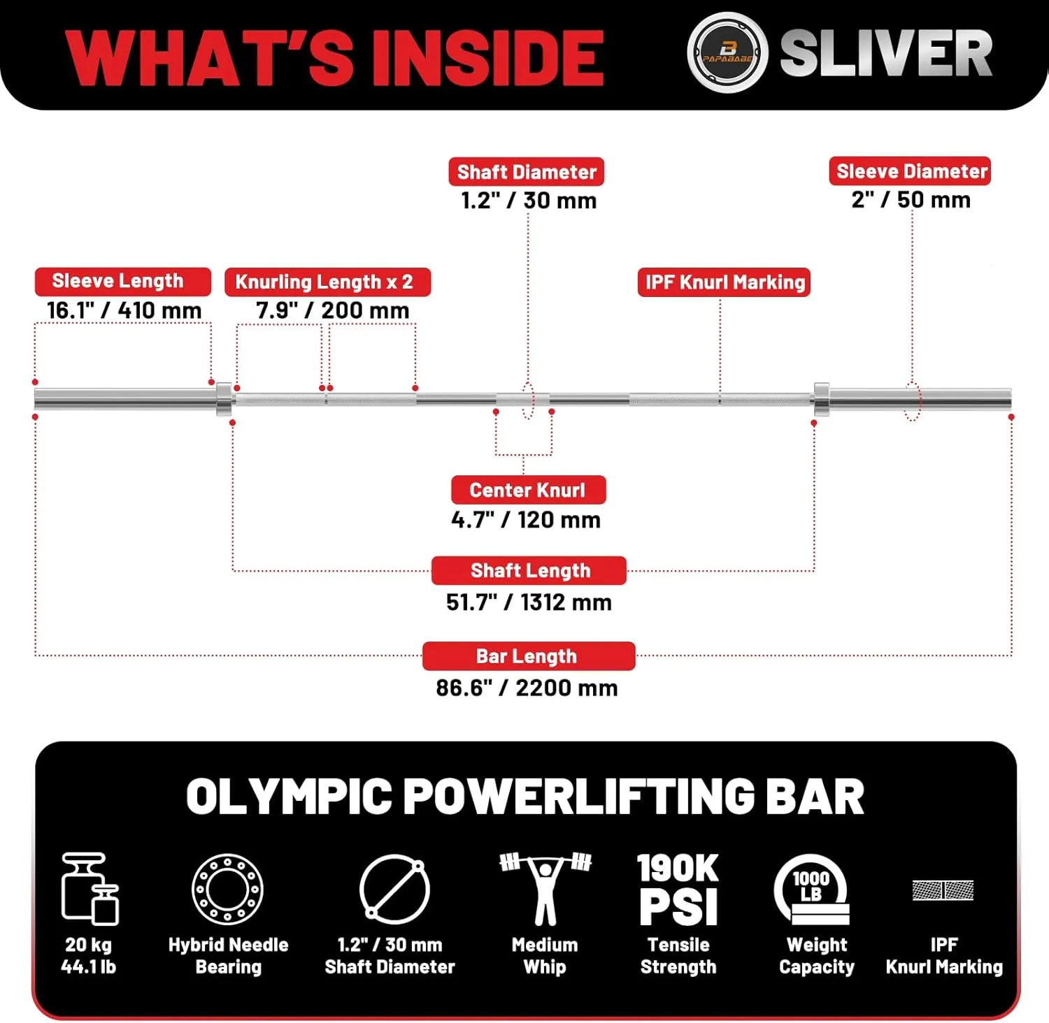 PAPABABE 6.5ft/7ft Olympic Weight Bar - 1000LB/1200LB/1500LB Capacity Strength Training Bar with 2-inch Sleeve, 45LB/20kg 35LB/15kg for Powerlifting Deadlift Bench Press Squat