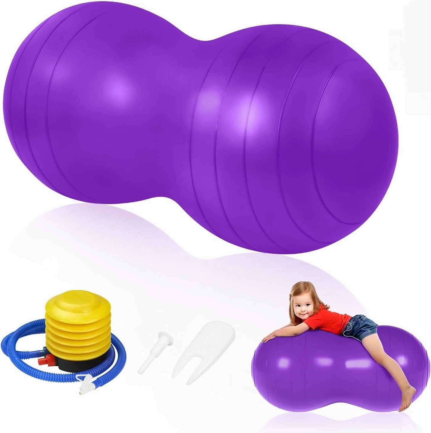 Peanut Fitness Ball, Kids Peanut Ball, Yoga Exercise Ball with Inflatable Foot Pump, Anti-Explosive, for Yoga, Pilates, Therapy, Pregnancy - 90 x 45 cm