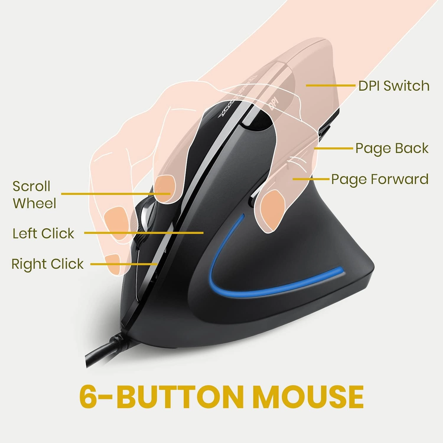 Perixx PERIMICE-513 Wired Ergonomic Vertical Mouse - 6 Buttons with 1000/1600 DPI - Right-Handed Design - Wired USB 5.9ft Cable - Black